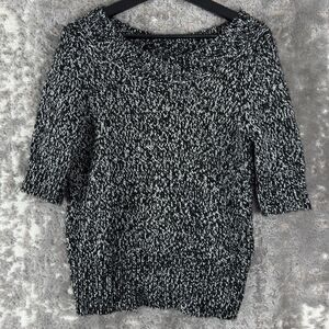 Worthington Size L Heathered Boat Neck Knit Sweater Black White Short Sleeve